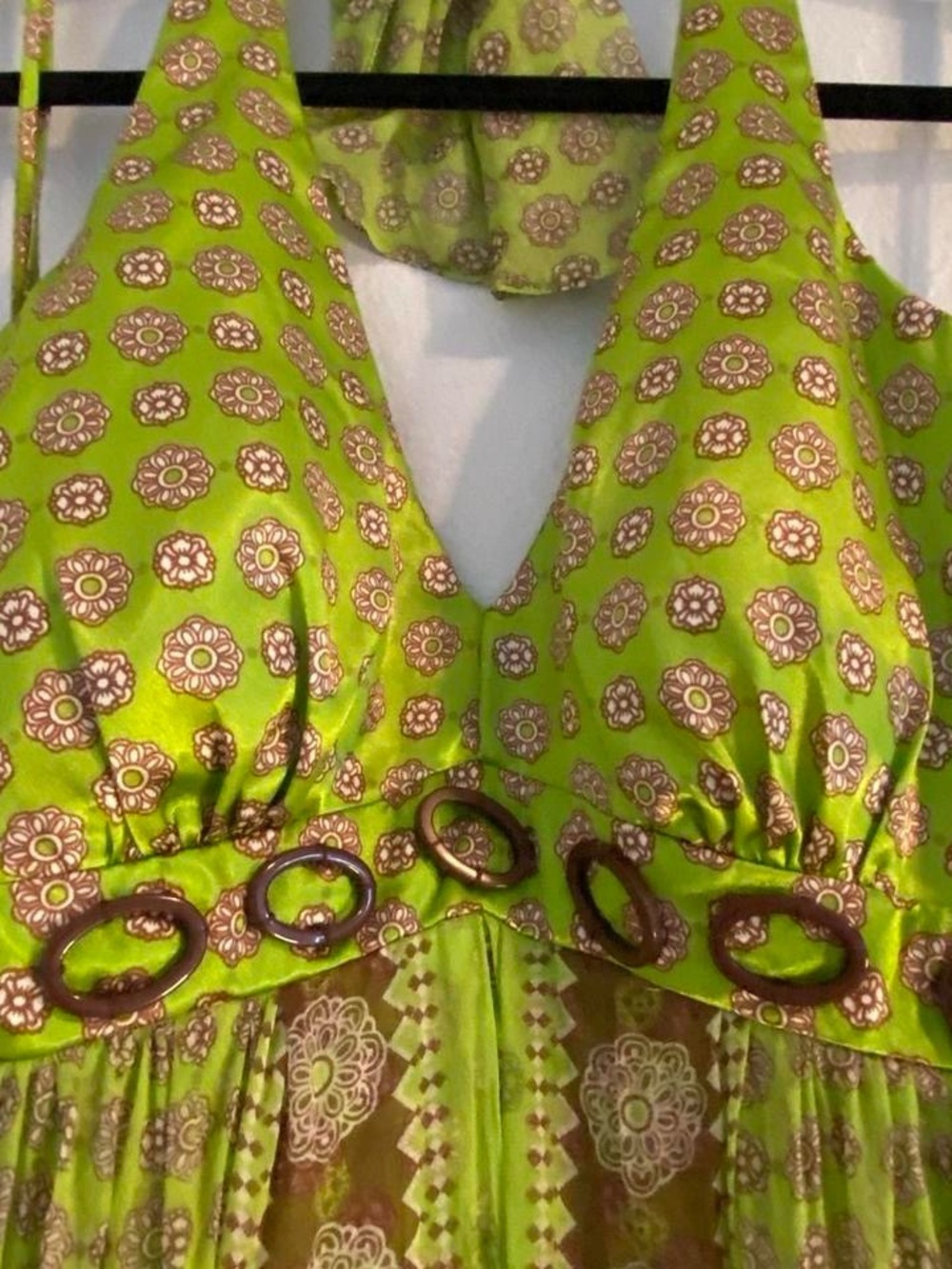 Vintage Lime Green Halter Maxi Dress with Brown Accents - Picture 4 of 8